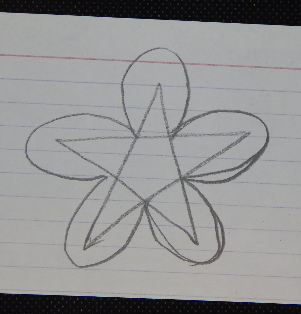 An index card with a flower surrounding a star drawn on it with pencil