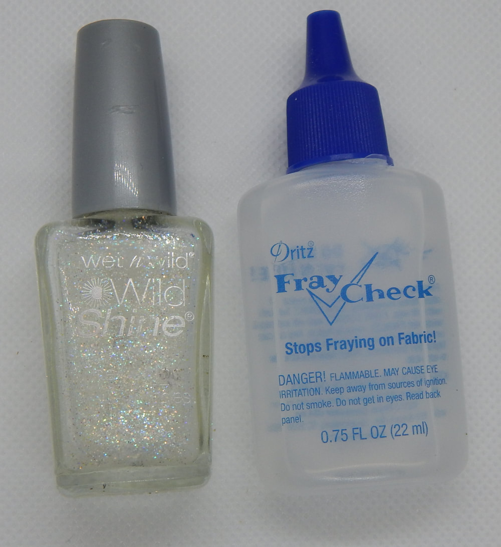 A picture of sparkly nail polish on the left and a bottle of fray check on the right.